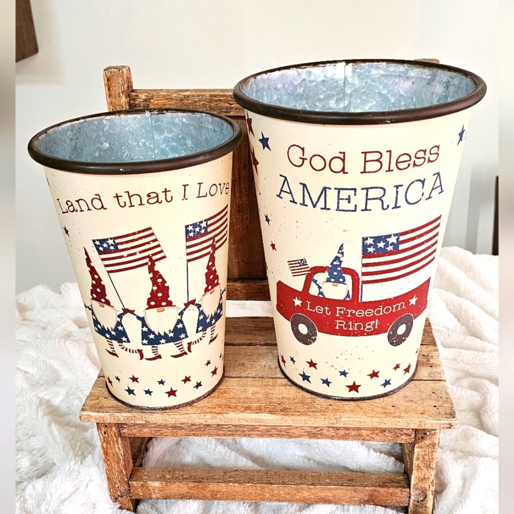 Primitive Rustic Patriotic Galvenized Steel Decorative Buckets